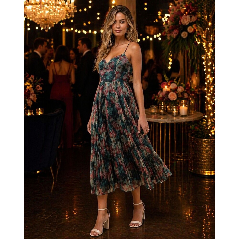Lulu's Floral Pleated Midi Dress in Forest Green & Dusty Rose - Picture 8 of 8